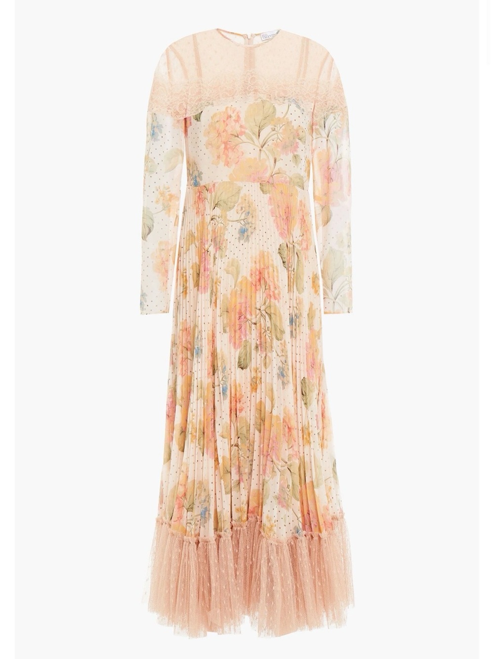 REDVALENTINO
Pleated Floral-Print Georgette and Lace Midi Dress